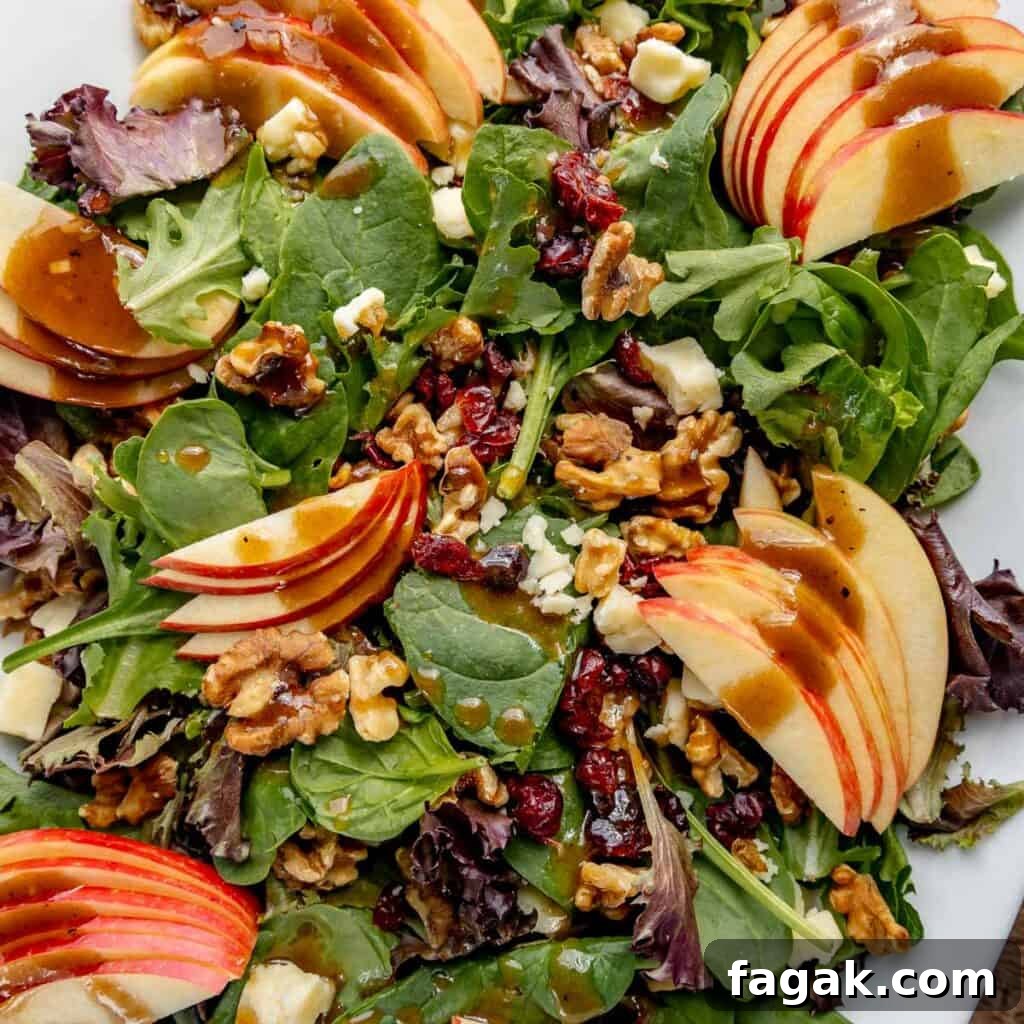 A close-up of a fresh salad with mixed greens, apple slices, walnuts, cranberries, cheese chunks, and drizzled with a dark dressing.
