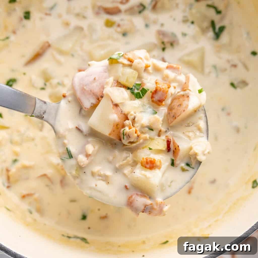 Close-up of a ladle full of creamy clam chowder with diced potatoes, bacon bits, and herbs, over a pot of the soup.