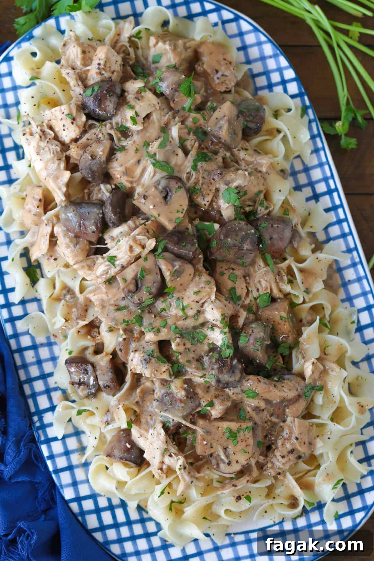 chicken stroganoff with noodles on a blue and white platter