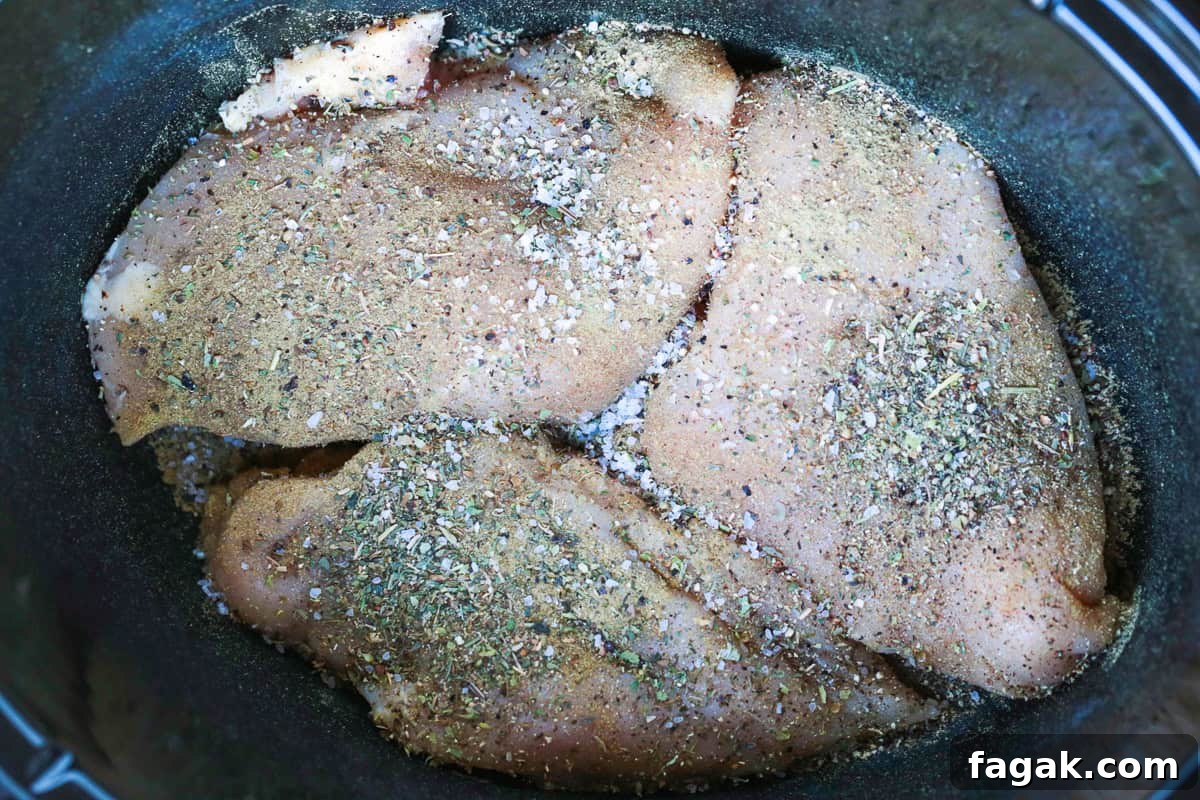 seasoned chicken breasts in a crock pot