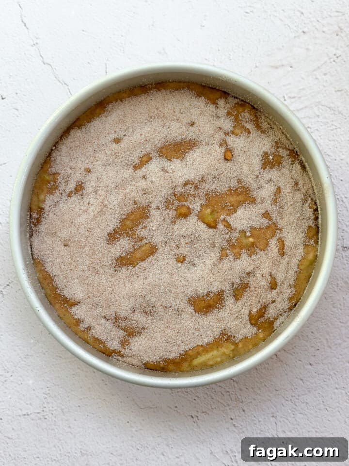cake topped with cinnamon sugar.