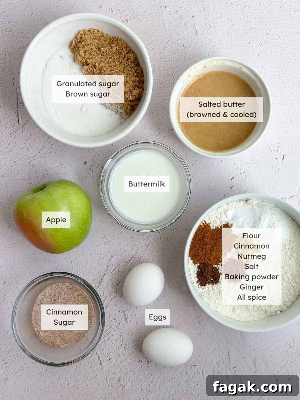 All the ingredients needed to make Apple buttermilk cake.