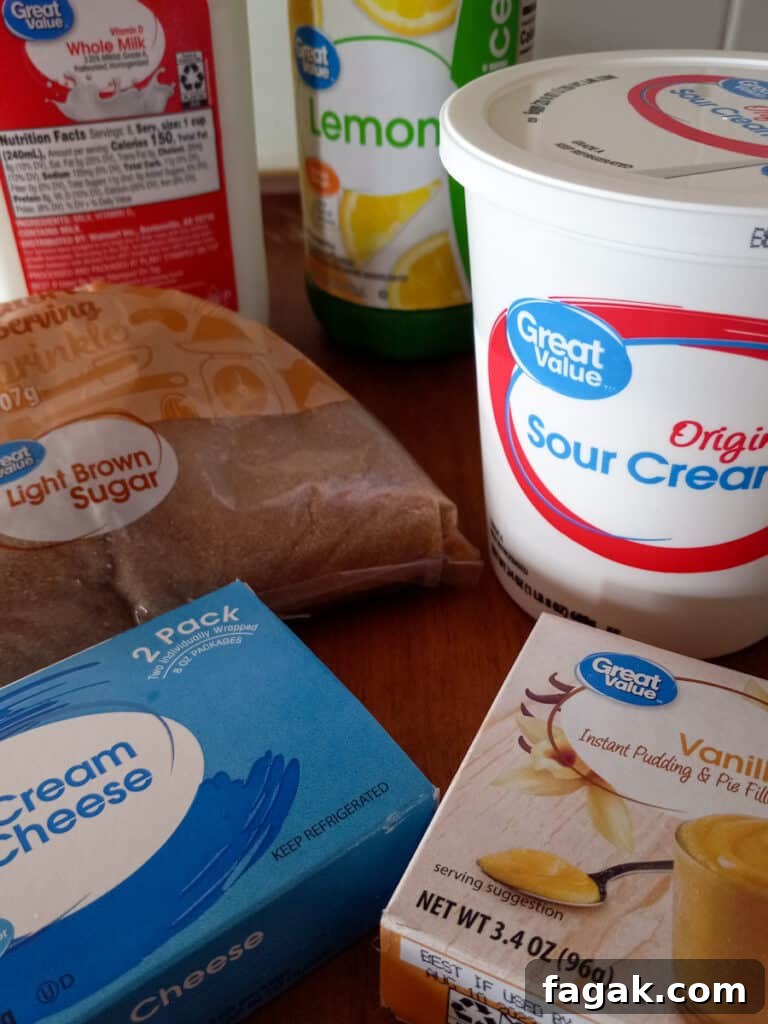 ingredients -cream cheese, sour cream, brown sugar, lemon juice, instant pudding, and milk.
