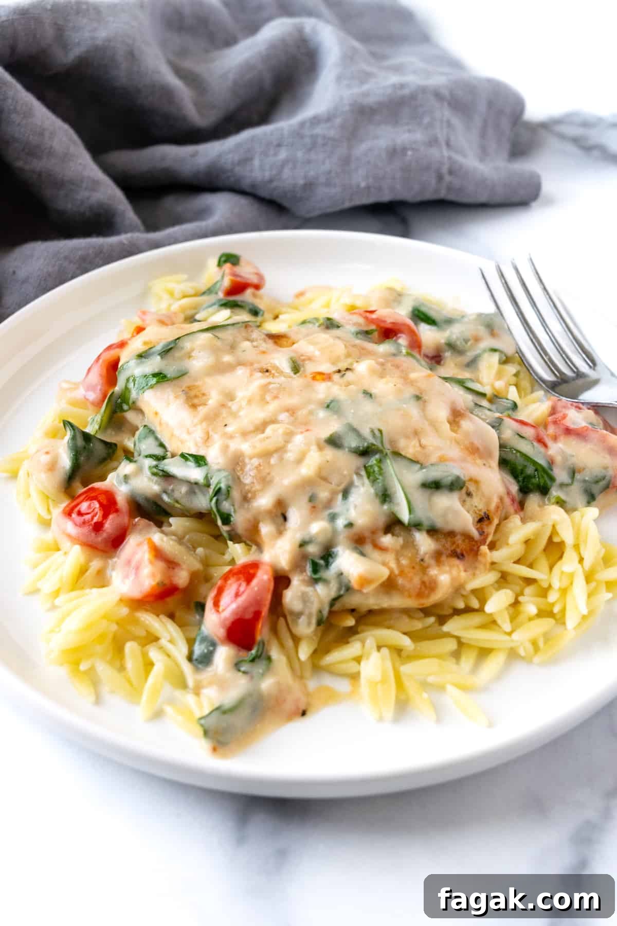 Creamy Chicken Florentine with Spinach and Parmesan 7 Creamy Chicken Florentine with Tomatoes over orzo on a white plate.