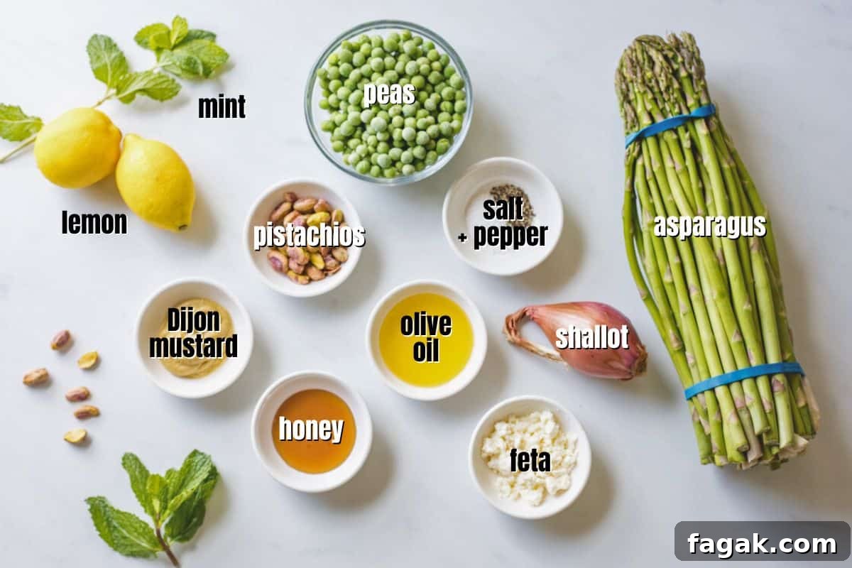 Ingredients for asparagus pea salad labeled on counter.