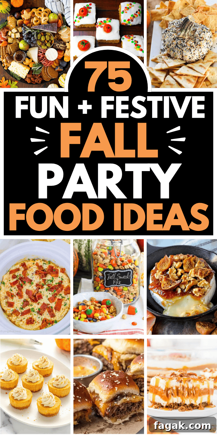 75 Crowd-Pleasing Fall Party Foods for Your Seasonal Gathering 14 Easy fall party food for a crowd! Plan your autumn party menu with these fun appetizers, side dishes, desserts, and main dishes.