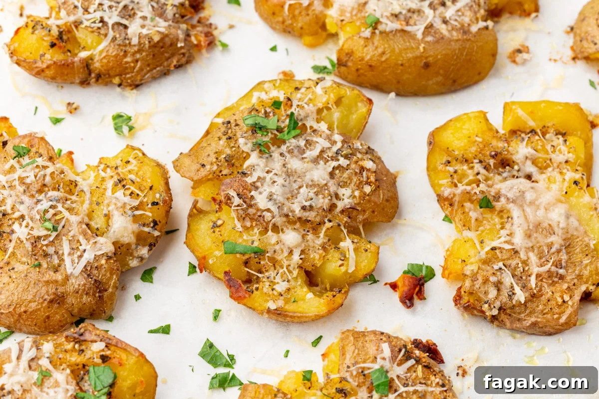 Parmesan smashed potatoes roasted on parchment-lined baking sheet with golden crispy edges.