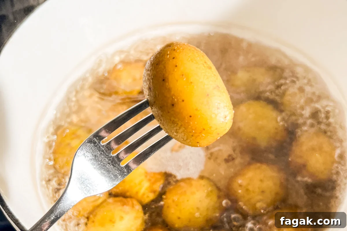 Fork holding a boiled potato over a bubbling pot to test tenderness.