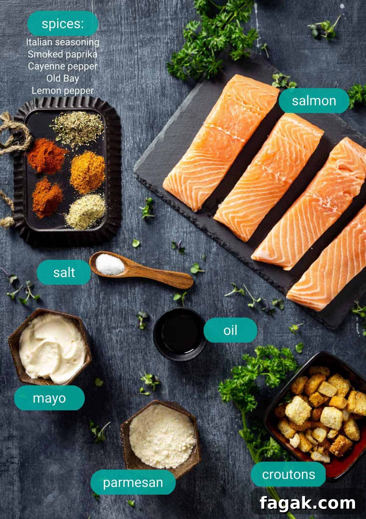 Ingredients for crusted salmon with parmesan cheese, Italian croutons, and herbs.