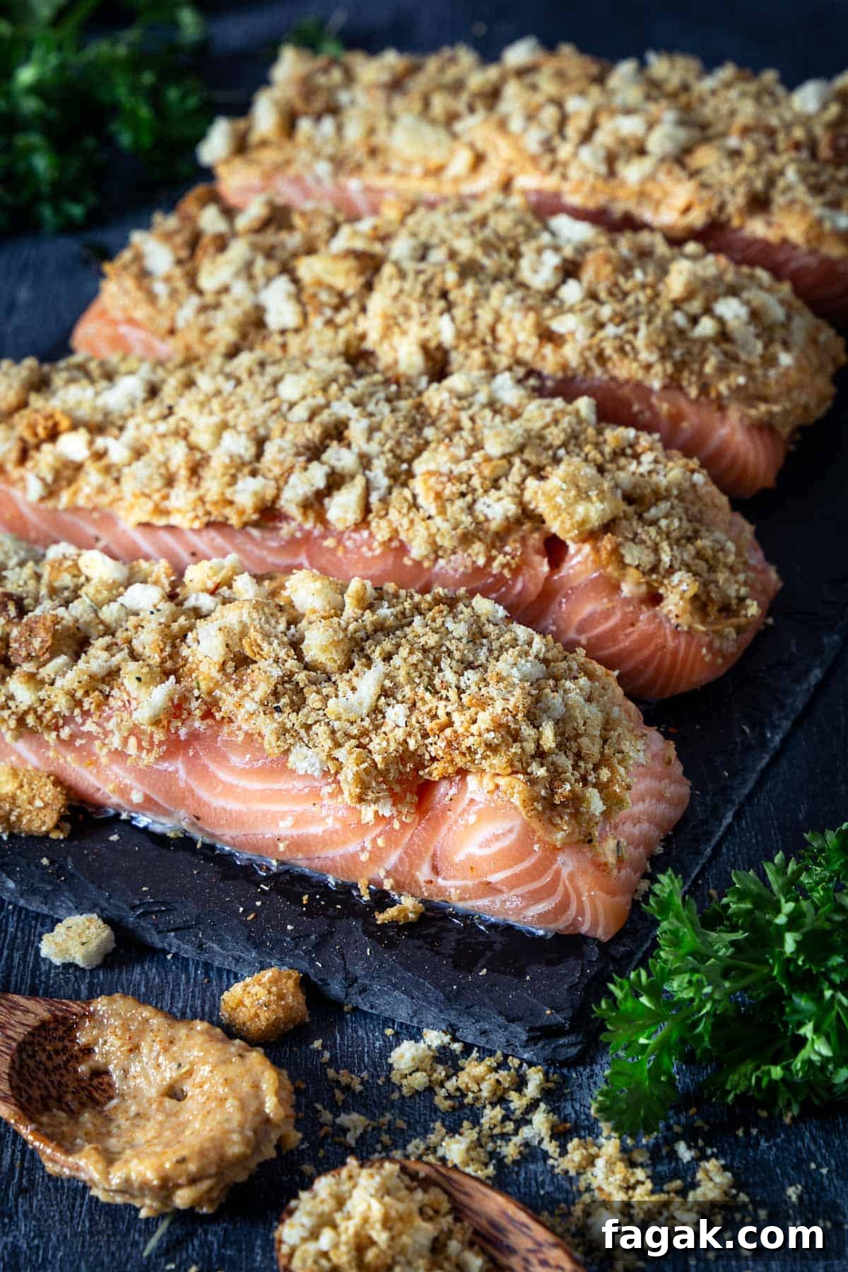 Salmon portions topped with crushed Italian croutons.