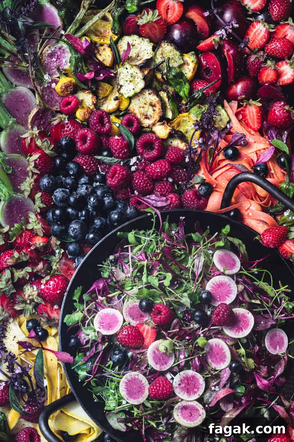 Summer fruit and veggie salad! There's berries, stone fruit, radishes, summer squash, greens and more arranged on a tray. Overhead shot.