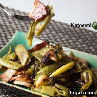 green beans and bacon on a blue dish