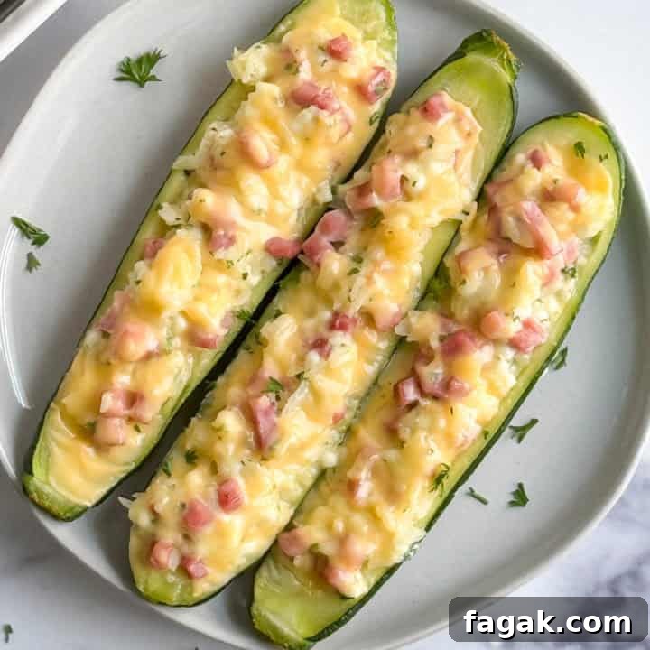 Top down view of ham and cheese stuffed zucchini on a white plate.