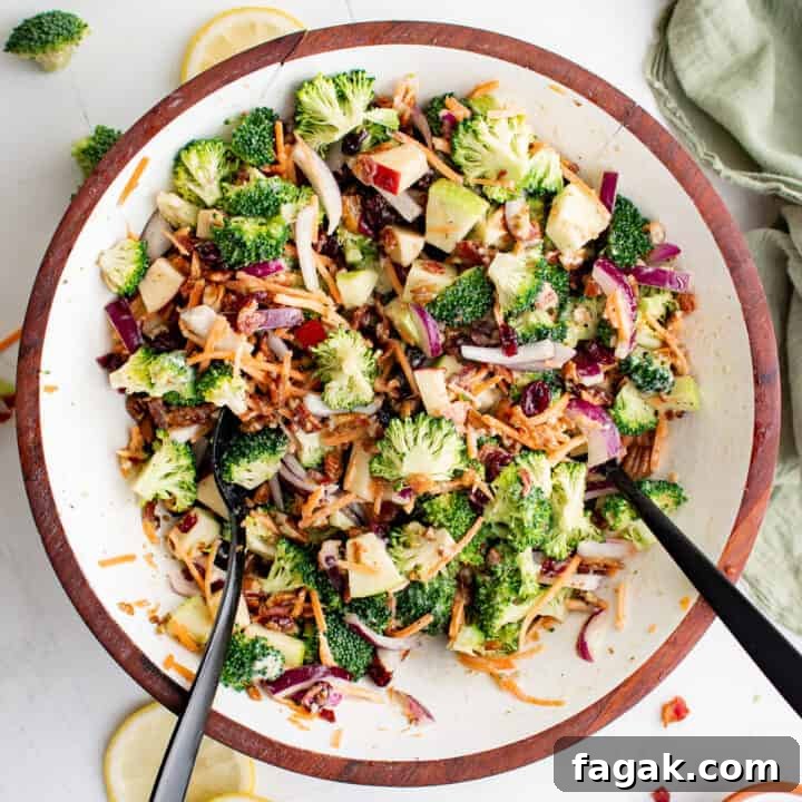 Top down view of broccoli salad in a bowl.