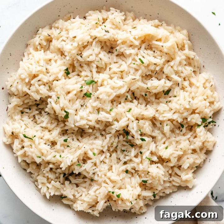 Close up of a bowl of herb rice.