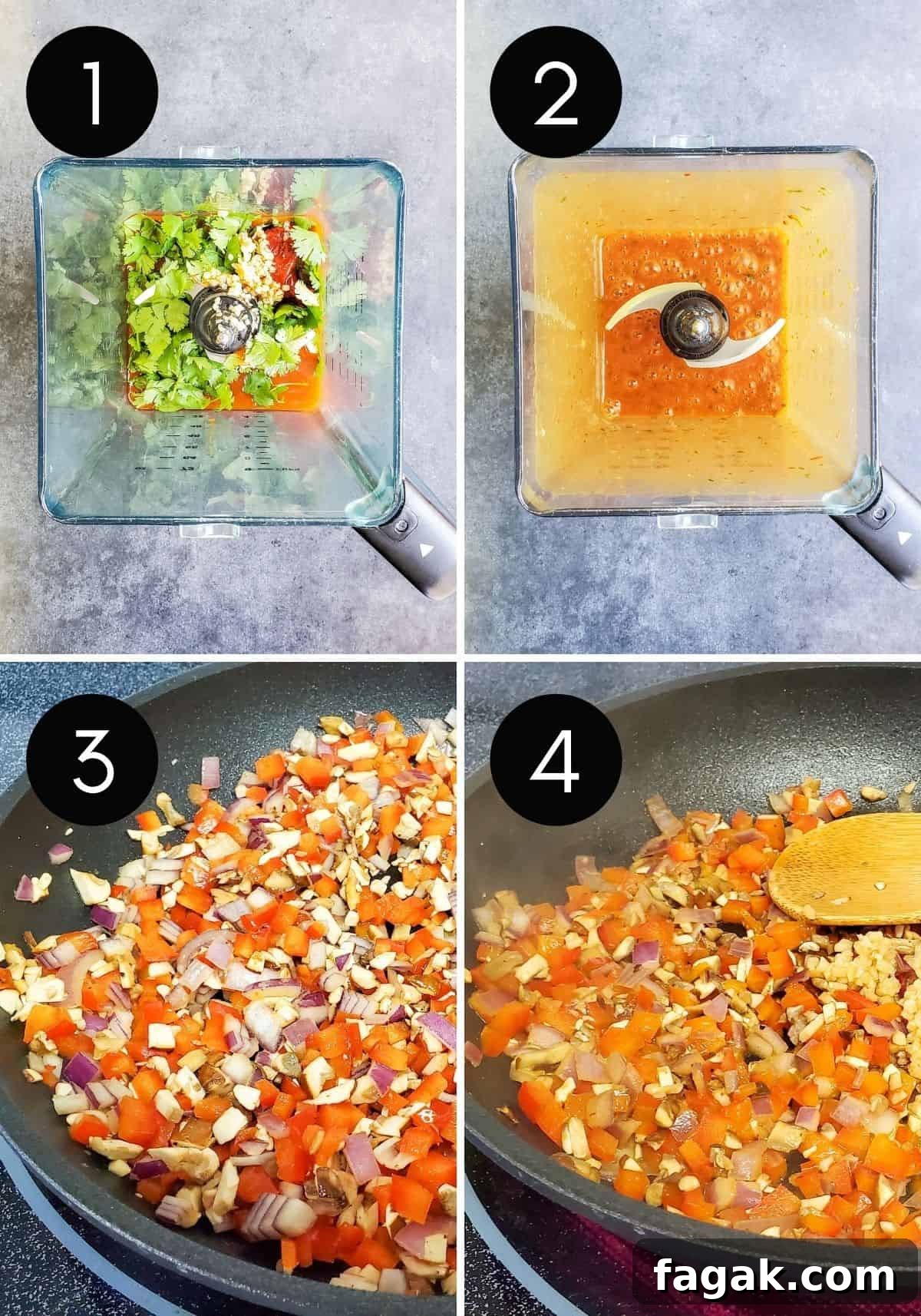 Prep images showing four numbered collage pictures on sauce and veggies being made.