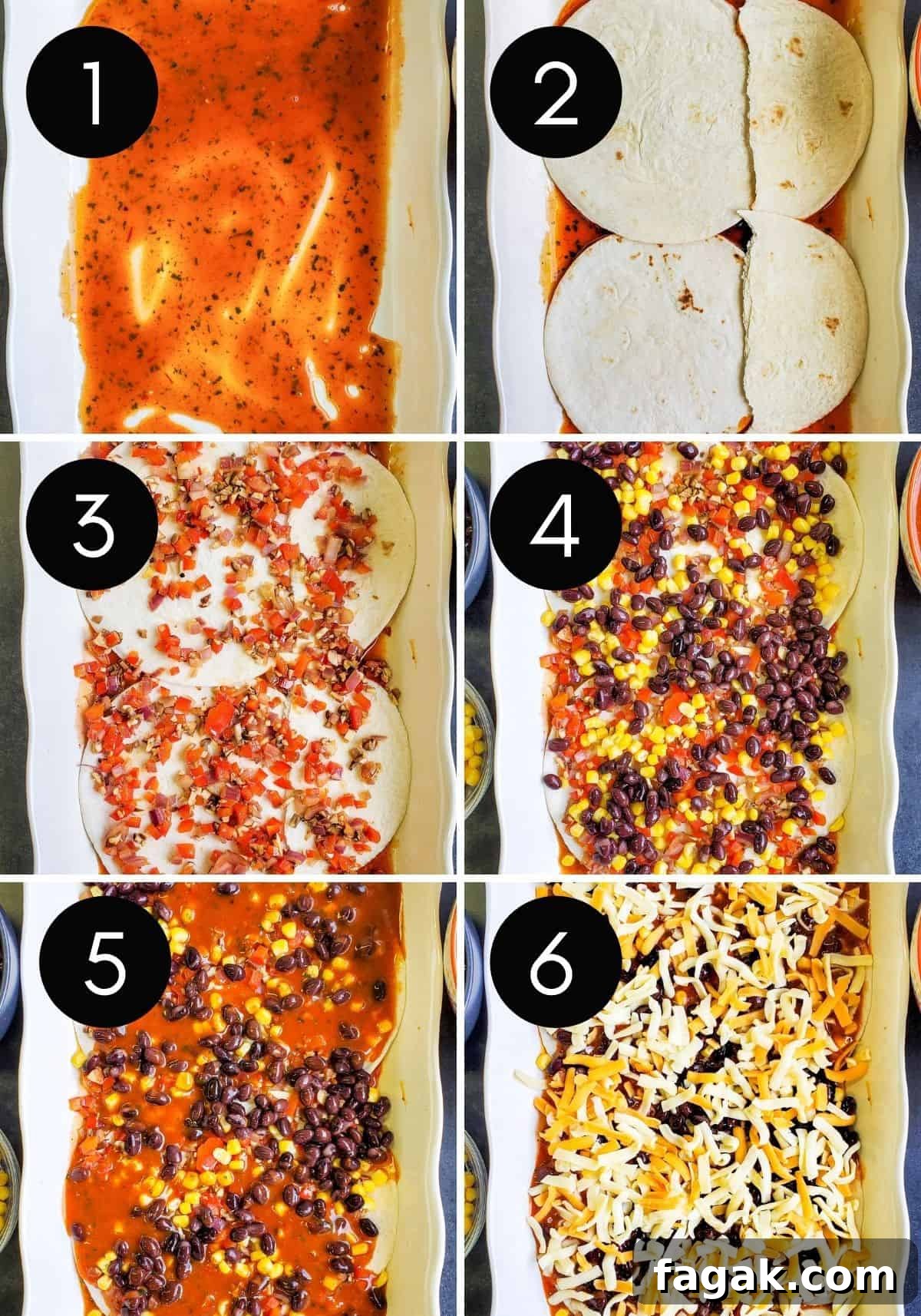 Mexican lasagna being layered in six numbered pictures.