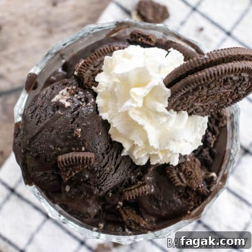 oreo ice cream recipe in bowl with whipped cream and cookie crumbs on top close up