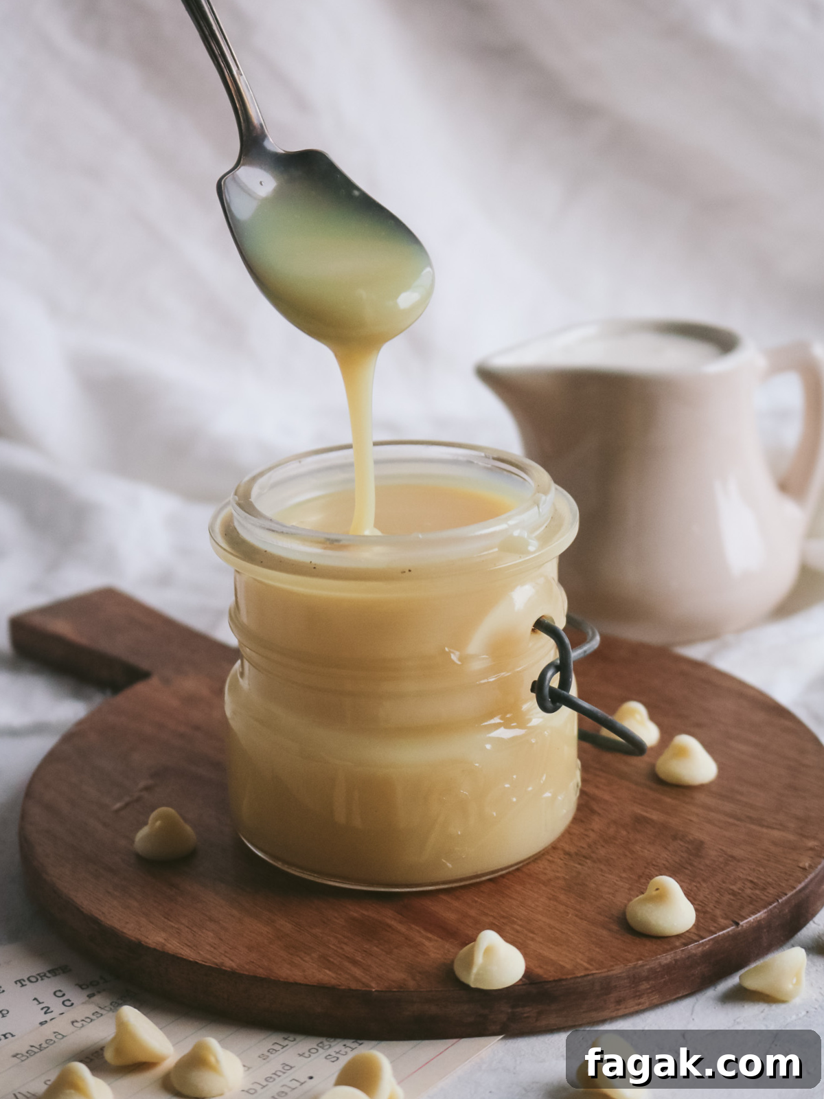 dripping melted white chocolate ganache into a mason jar from a vintage spoon with a pitcher of heavy cream in the background.