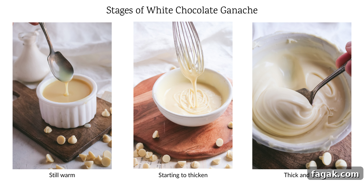 collage image comparing three different stages of homemade white chocolate ganache: still warm, starting to thicken, and thick and fluffy.