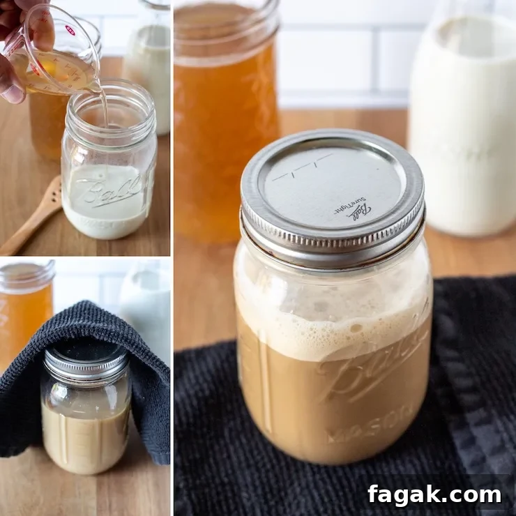 Three photo process collage, making latte in jar.