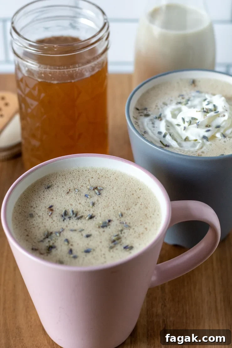 Honey lavender lattes with syrup and oat milk in background.