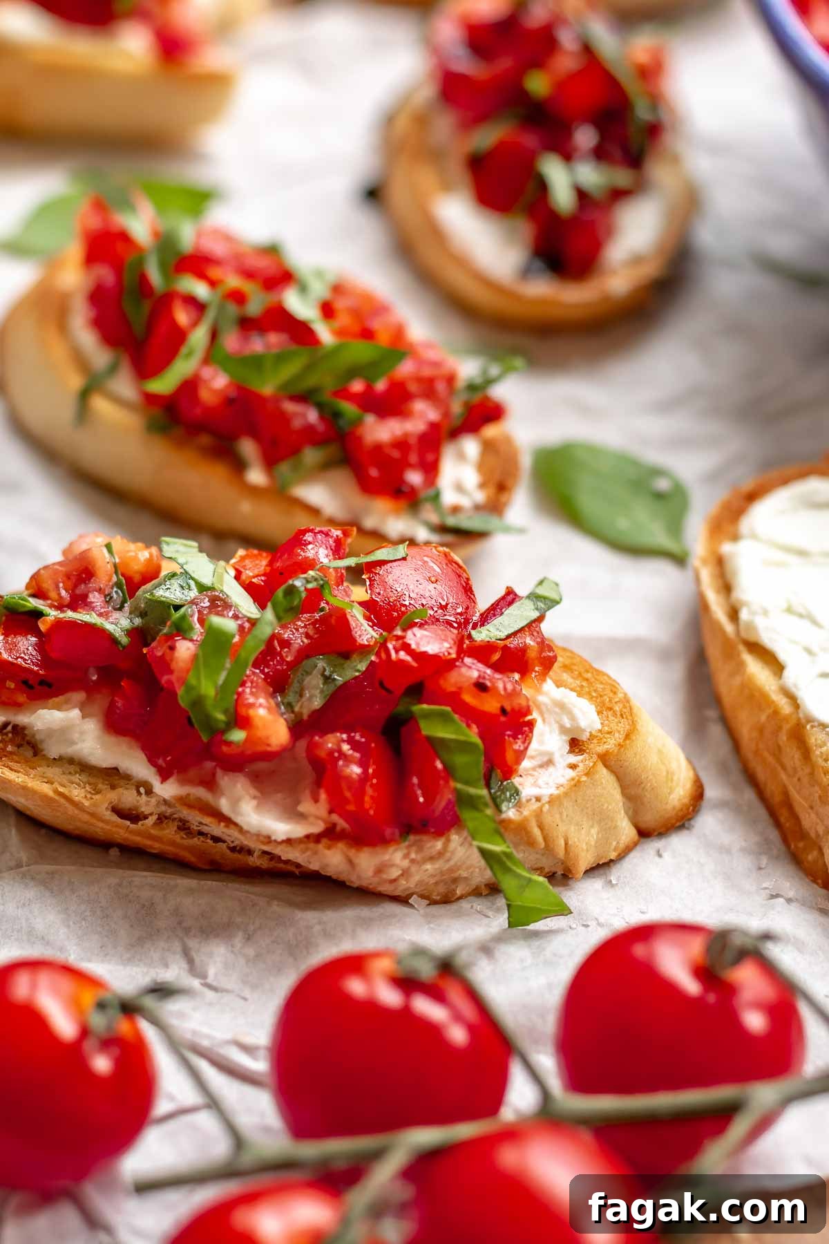 Assembled bruschetta pieces.