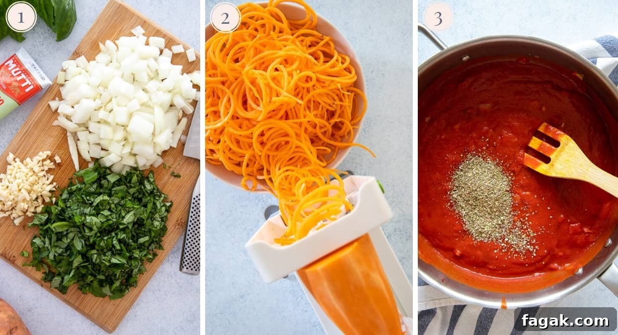 a picture collage demonstrating how to make sweet potato noodles and pasta sauce