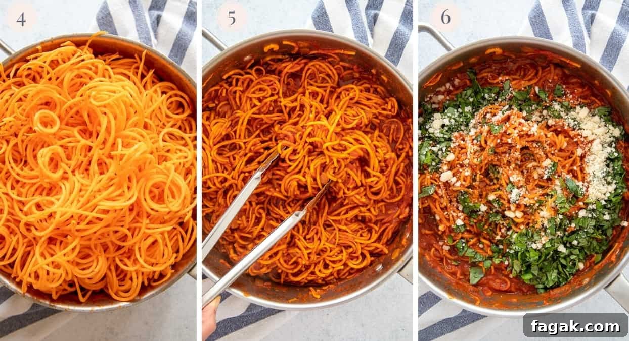 a picture collage demonstrating how to toss sweet potato spaghetti with homemade Italian tomato pasta sauce