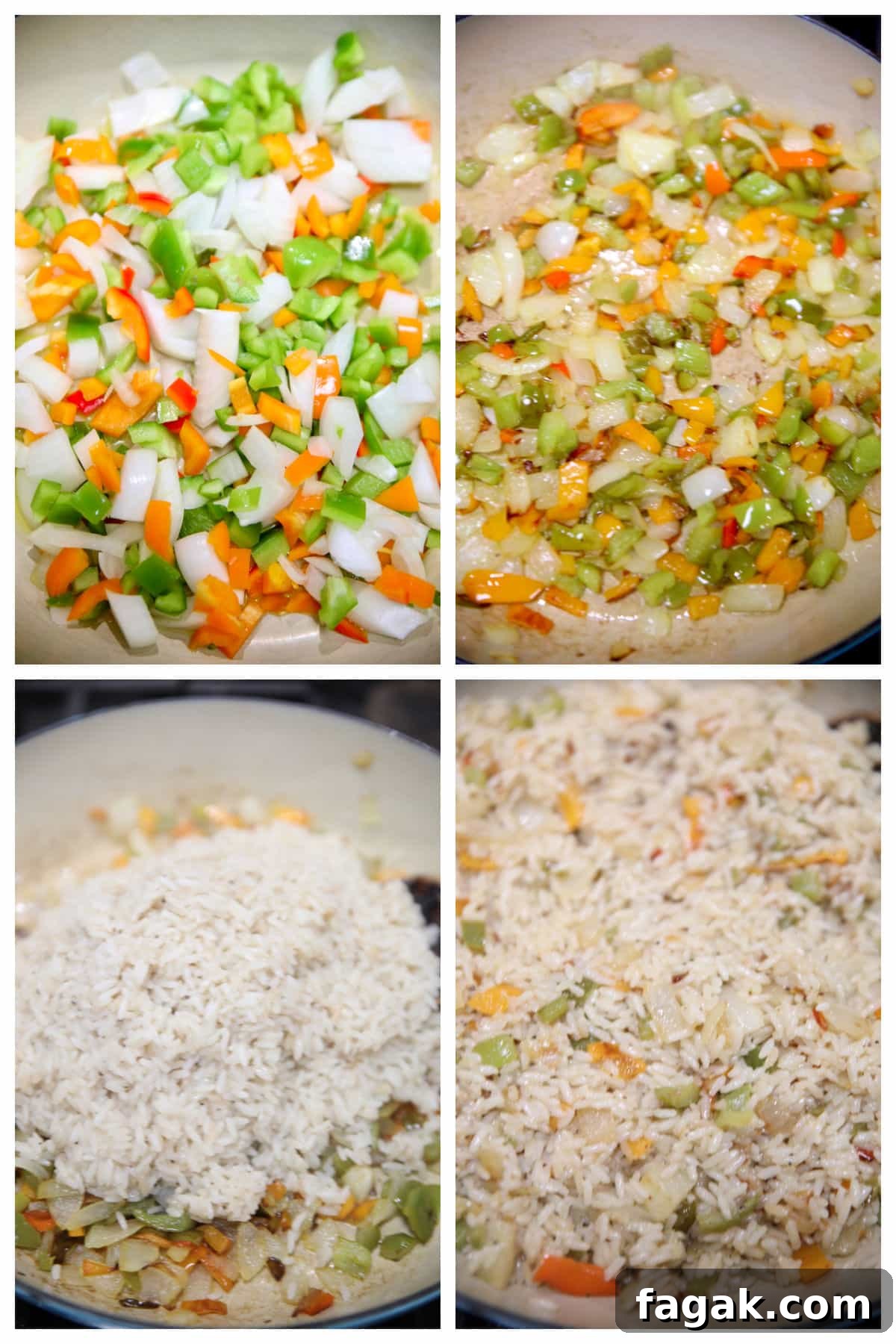 Making rice pilaf with bell peppers and onions.