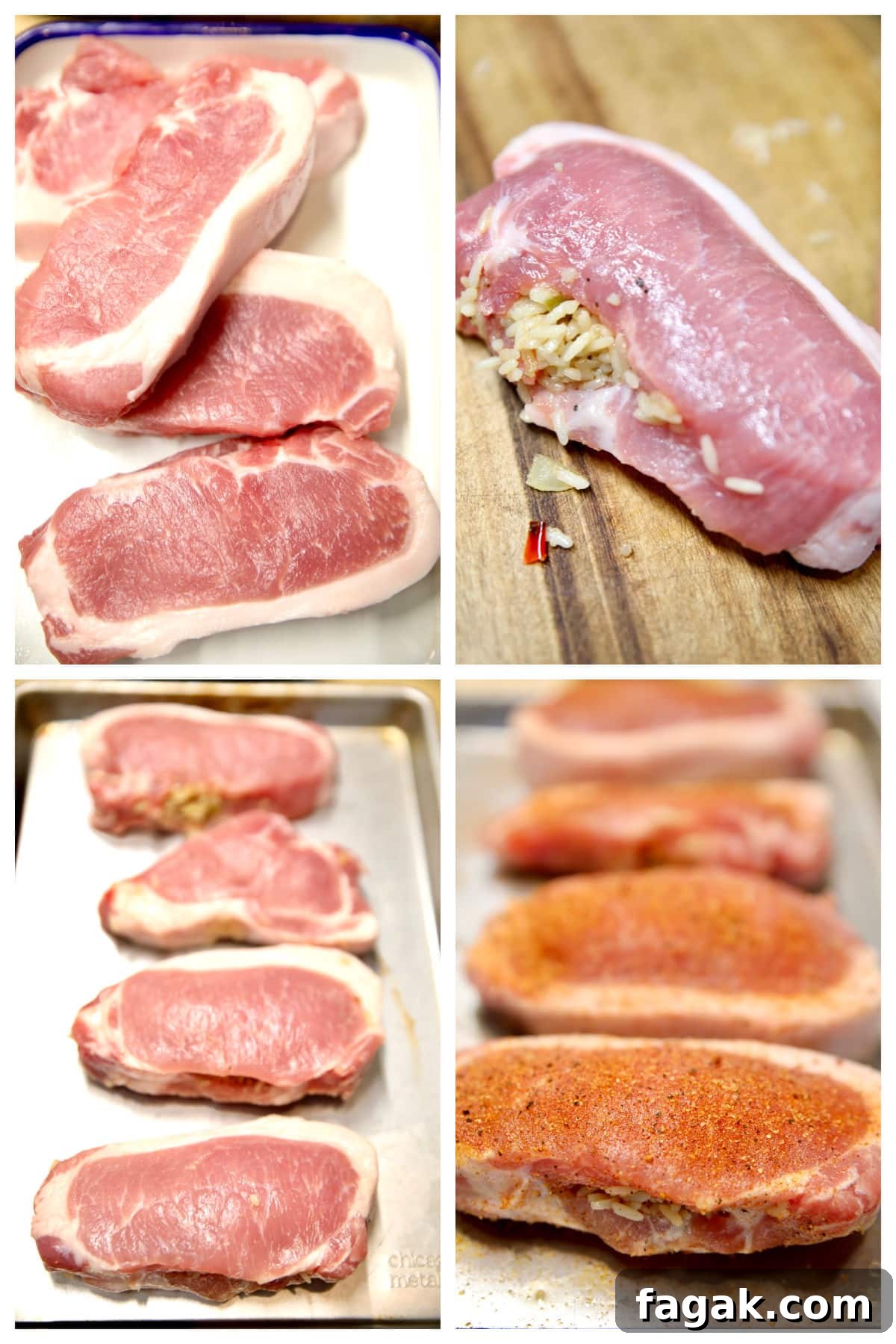 Collage: Stuffing pork chops with rice, seasoning for grilling.