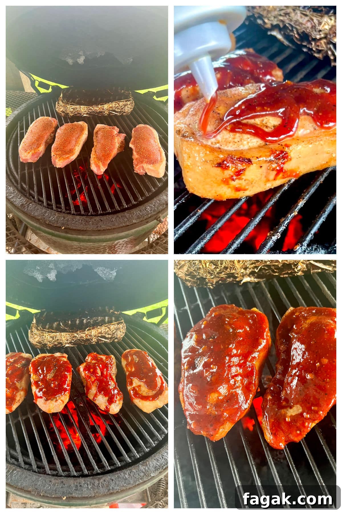Collage: grilling stuffed pork chops with bbq sauce.