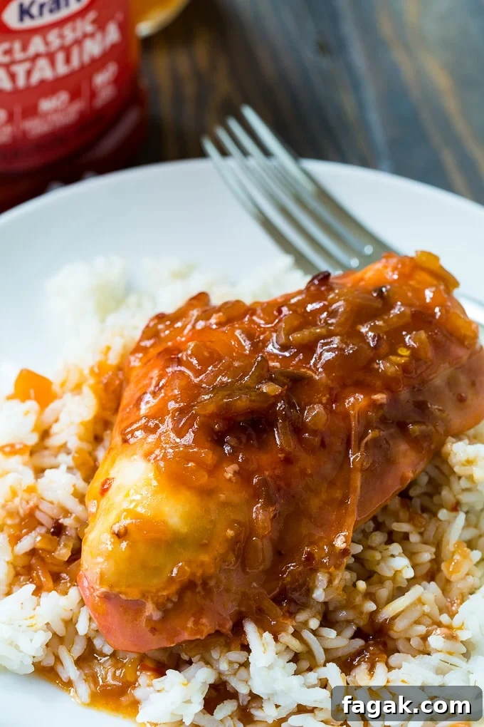 Crockpot Catalina Chicken served over rice