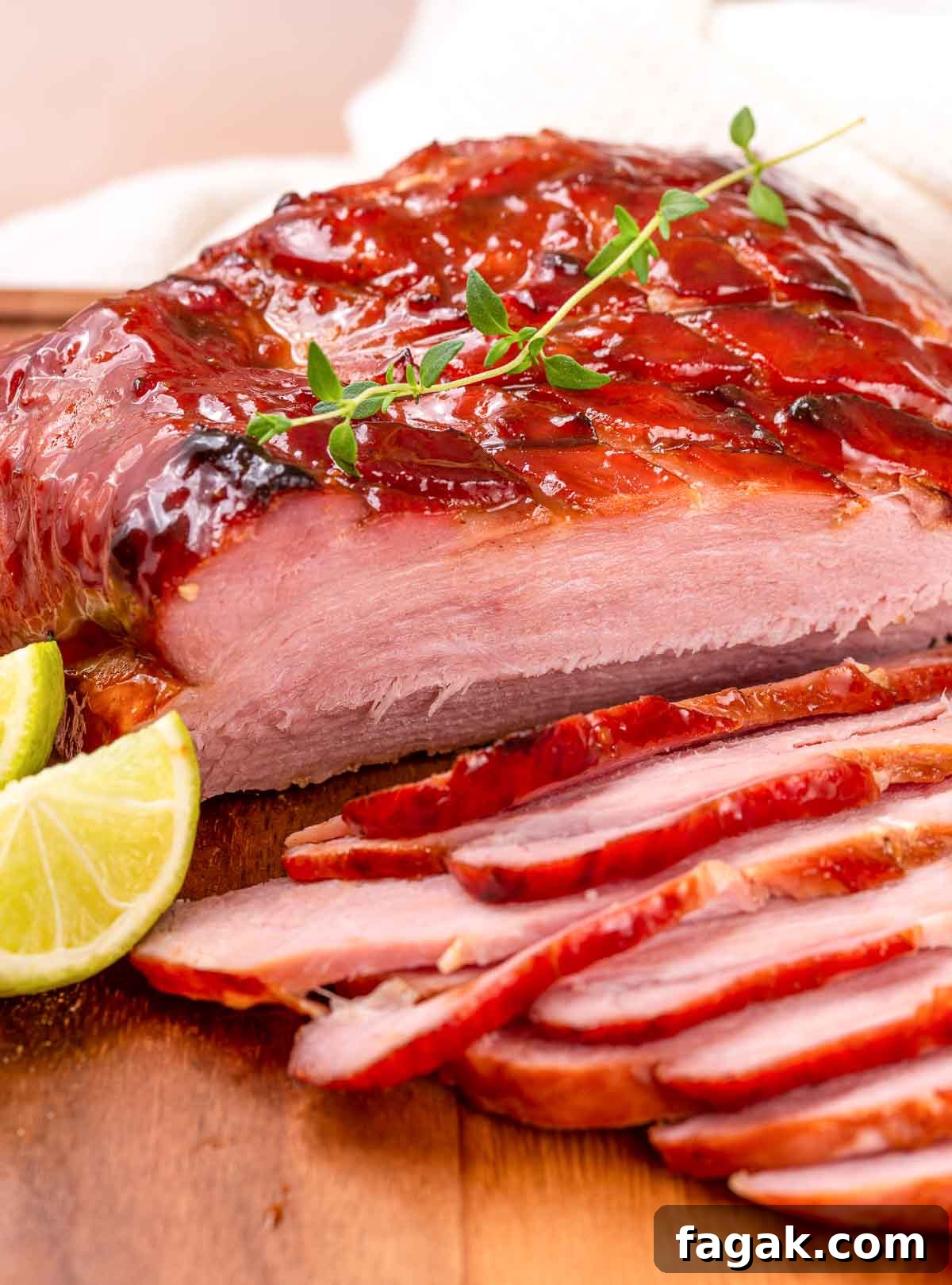 A low carb sweet glazed ham that has been sliced.
