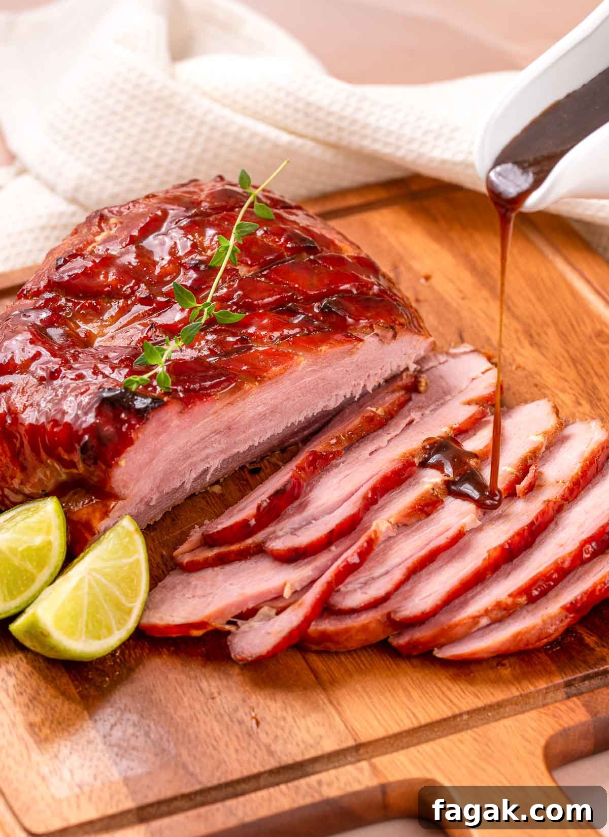 Pouring a sweet glaze over a roasted ham.