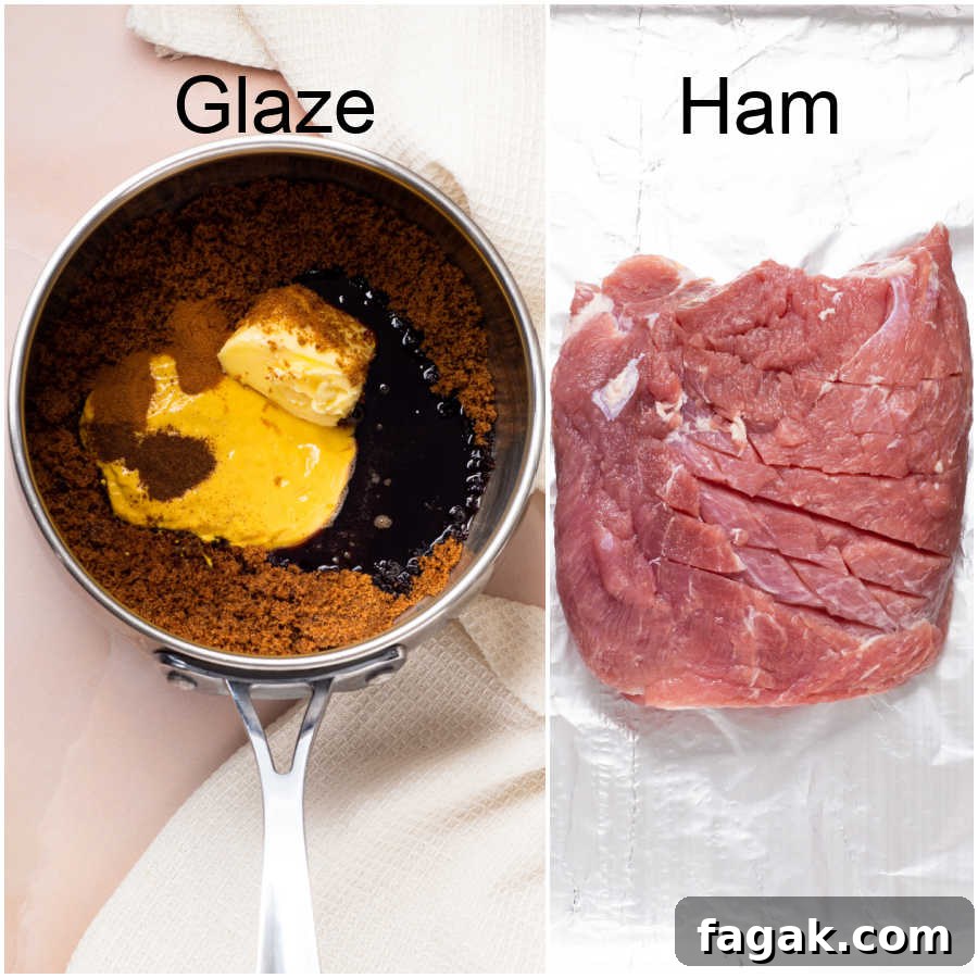 Ingredients for keto maple cider glazed ham.