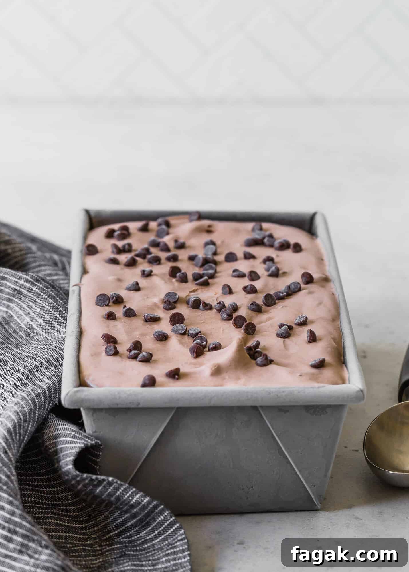 Chocolate ice cream in a loaf pan.