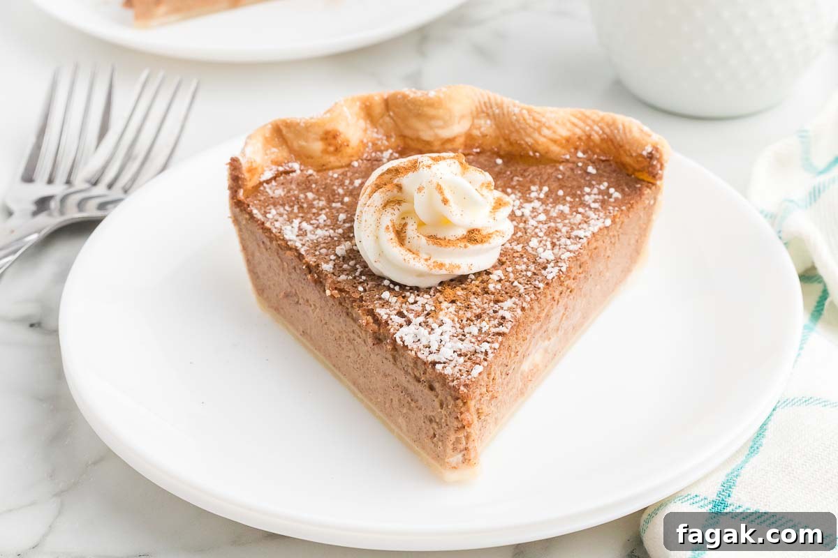 Slice of cinnamon pie on a white plate.