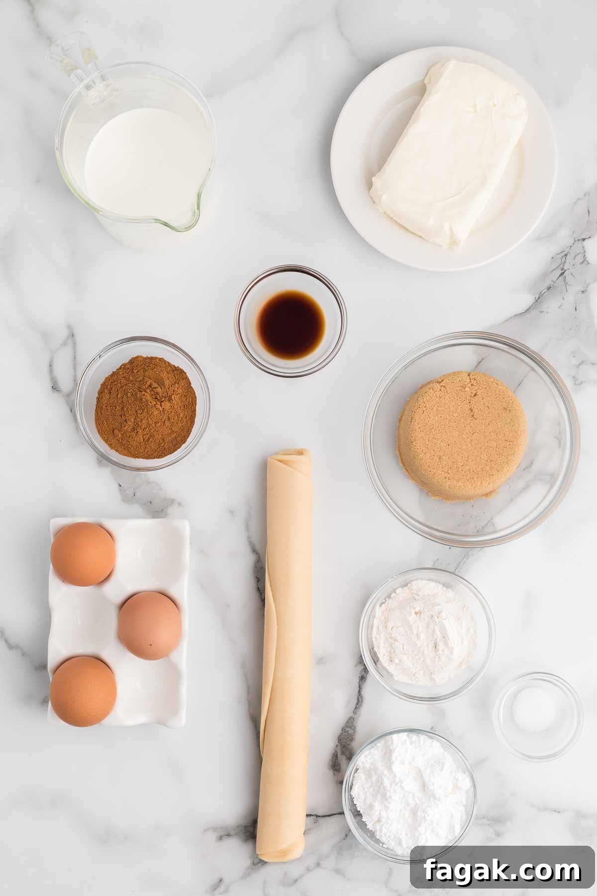 Ingredients for cinnamon pie - pie crust, cream cheese, brown sugar, eggs, half and half, flour, cinnamon vanilla extract, salt, powdered sugar
