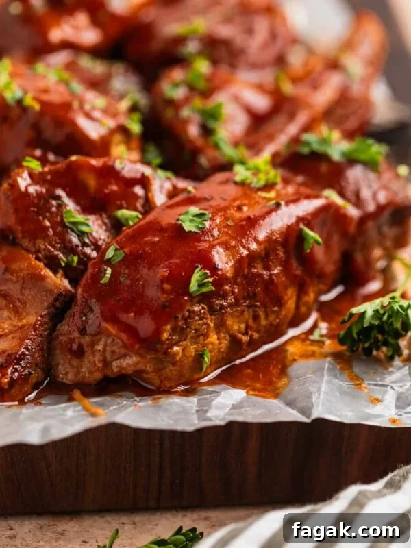 BBQ boneless pork ribs on wax paper lined cutting board topped with chopped fresh parsley.