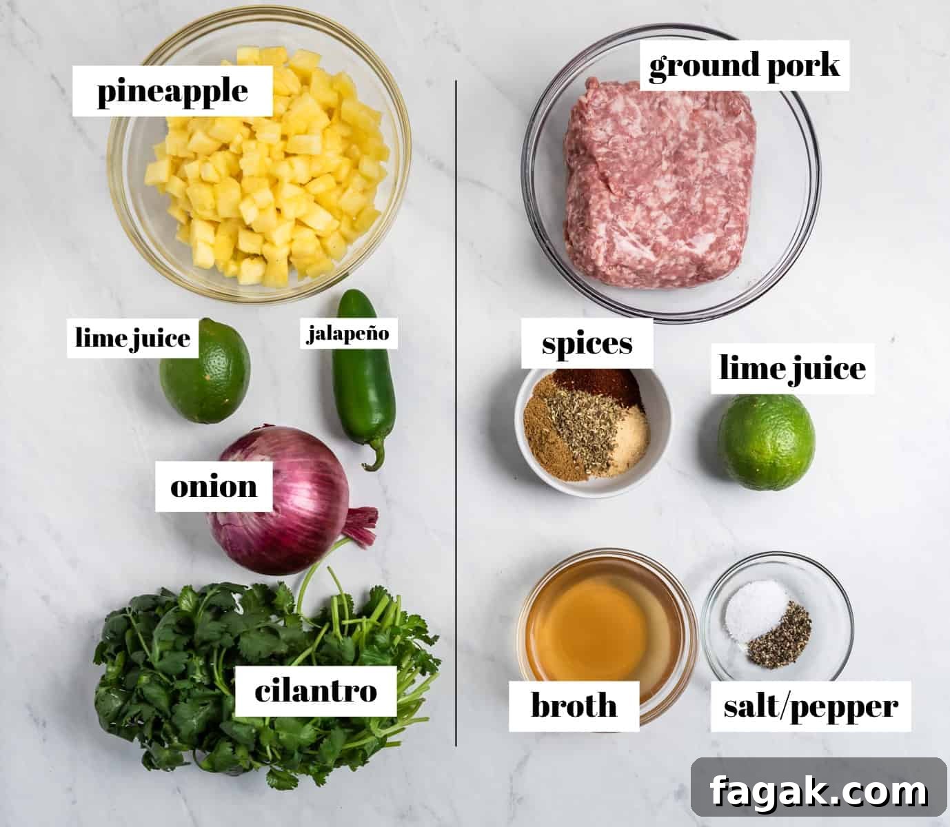 Labeled ingredients for pork tacos on white counter.