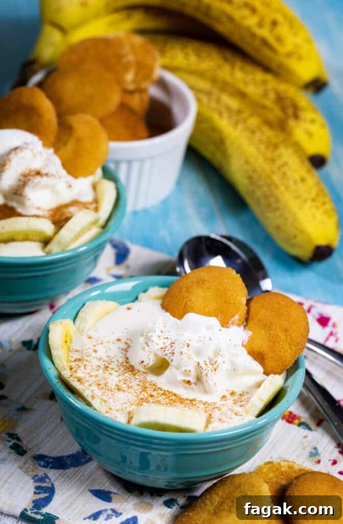 Small bowls of Cottage Cheese Banana Pudding on a table.