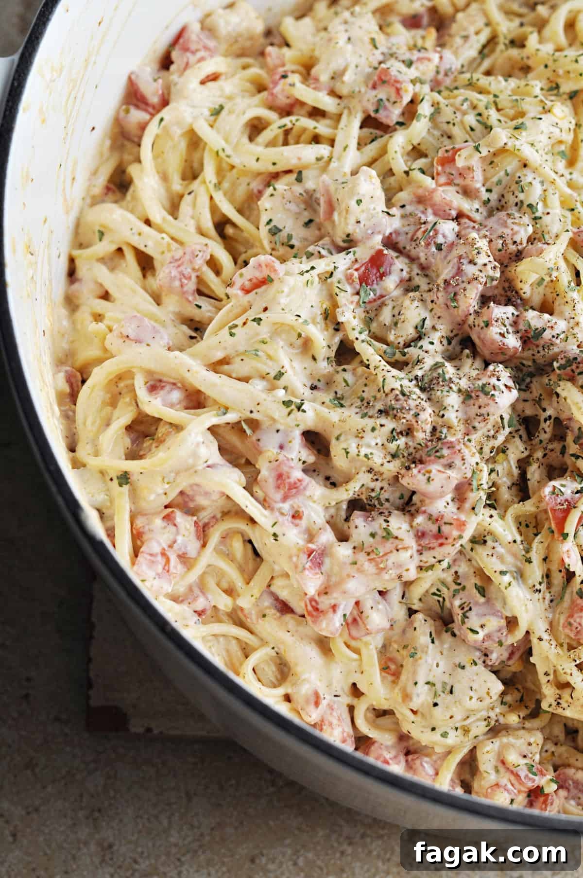 Rotel spaghetti with chicken in Dutch oven