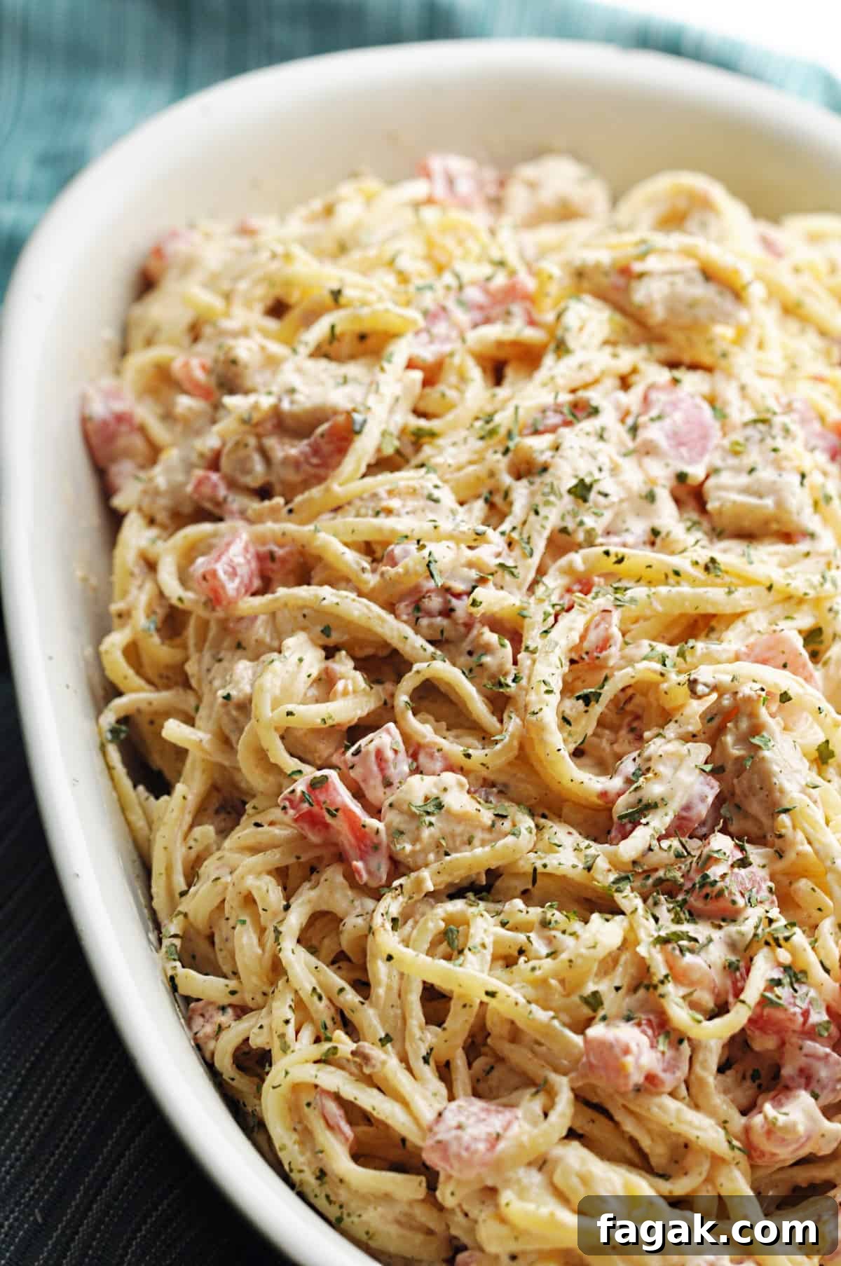Chicken Rotel spaghetti served on white plate
