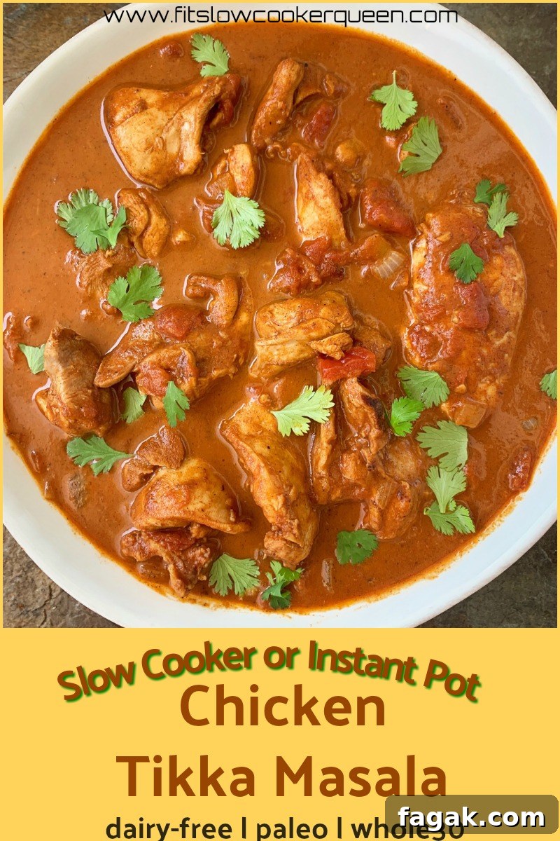 Chicken tikka masala is a popular Indian restaurant dish that's perfect for the slow cooker or pressure cooker. This dairy-free, paleo & whole30 version will have your kitchen smelling amazing.