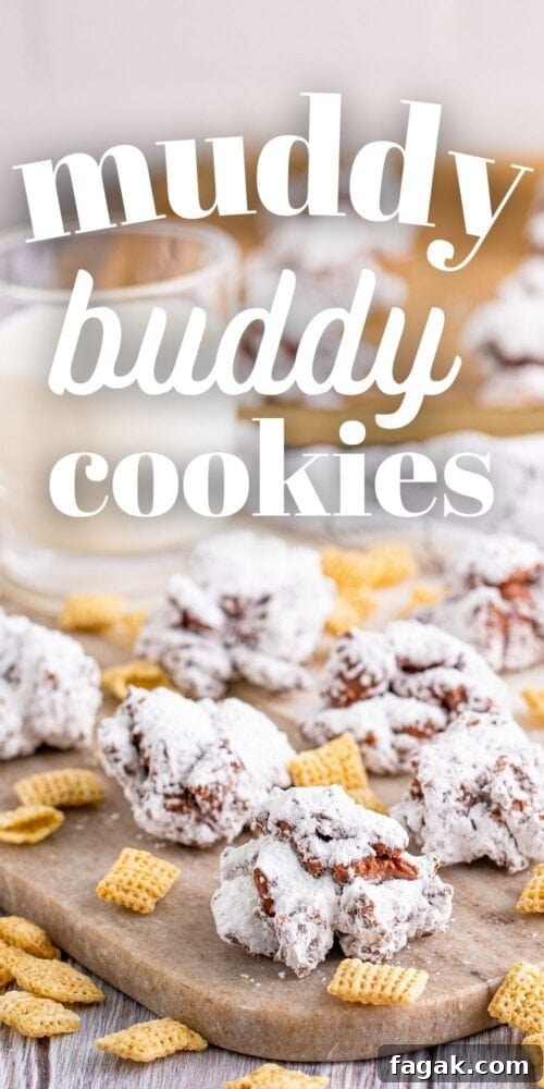picture of muddy buddy cookies stacked on a wood cutting board