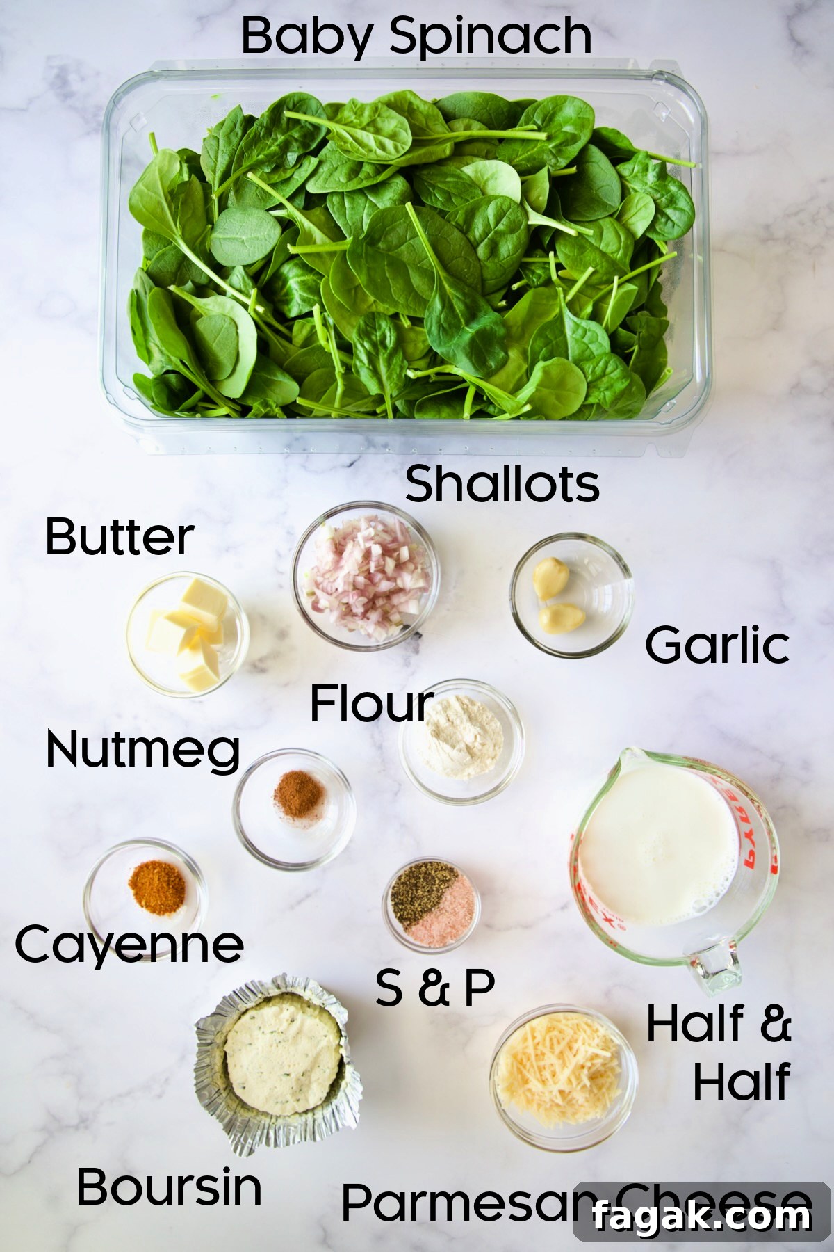 Ingredients for Steakhouse Creamed Spinach in glass bowls.