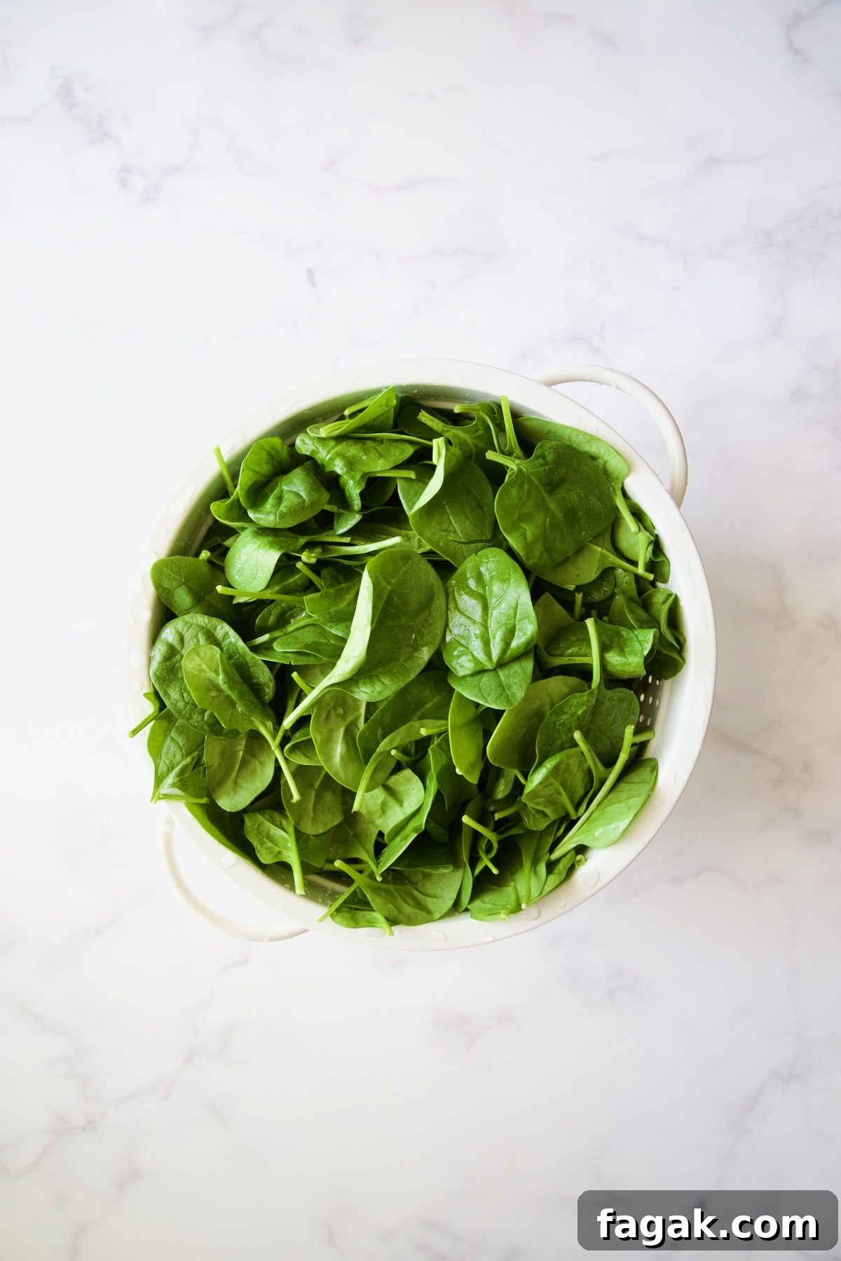 Baby spinach in white colander.