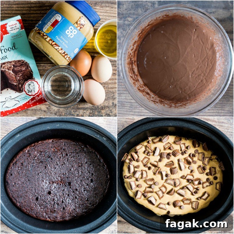 image collage showing the steps for making crock pot peanut butter chocolate cake