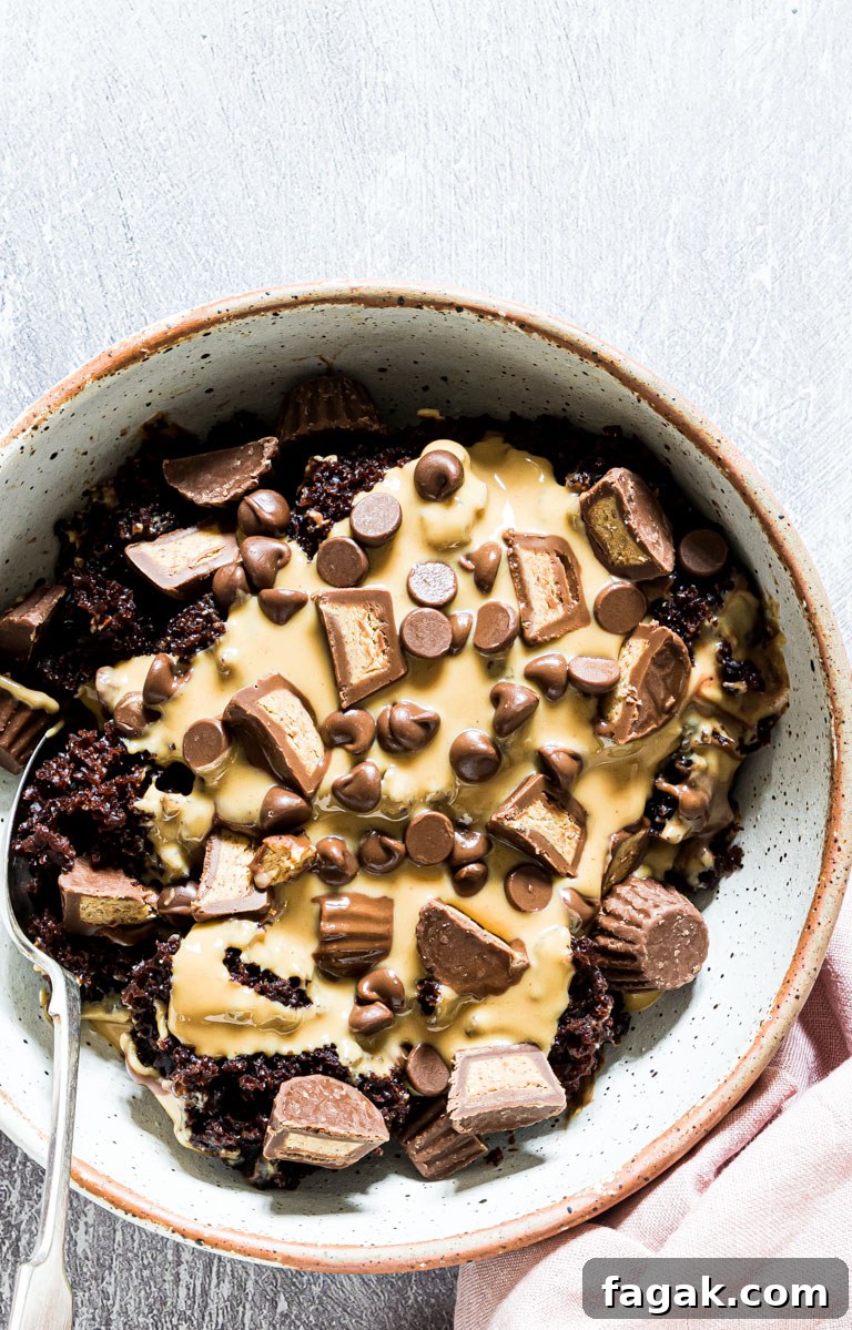 crockpot chocolate peanut butter cake with a spoon and cloth napkin